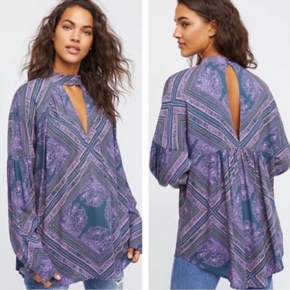 Free People oversized purple walking in a dream keyhole blouse